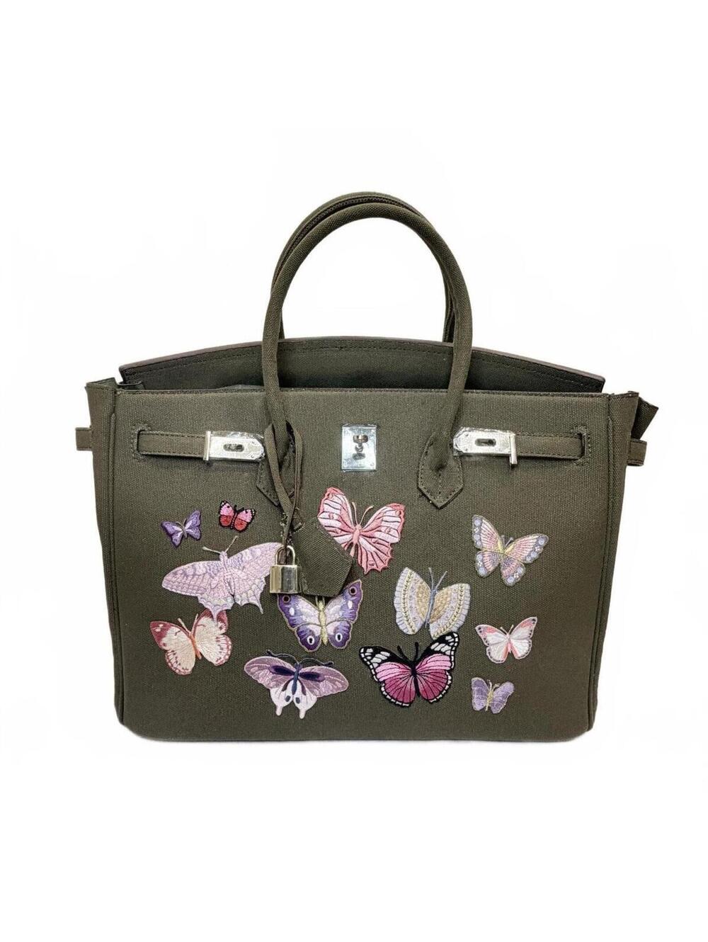 Olive Green‎ Structured Fashion Tote Pink Purple Embroidered Butterfly Patches